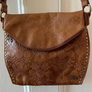 Brown Leather Crossbody (adjustable) with floral designs